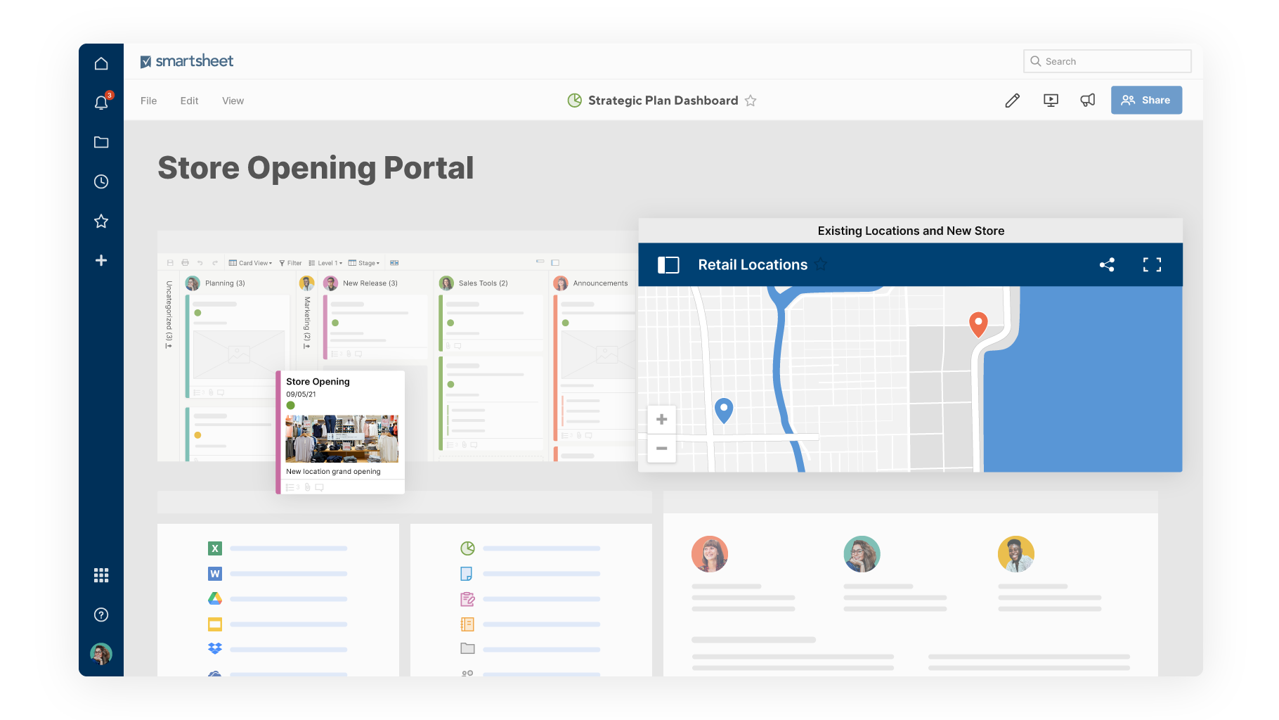 Smartsheet store opening portal combining project cards, location mapping, documents, and team information