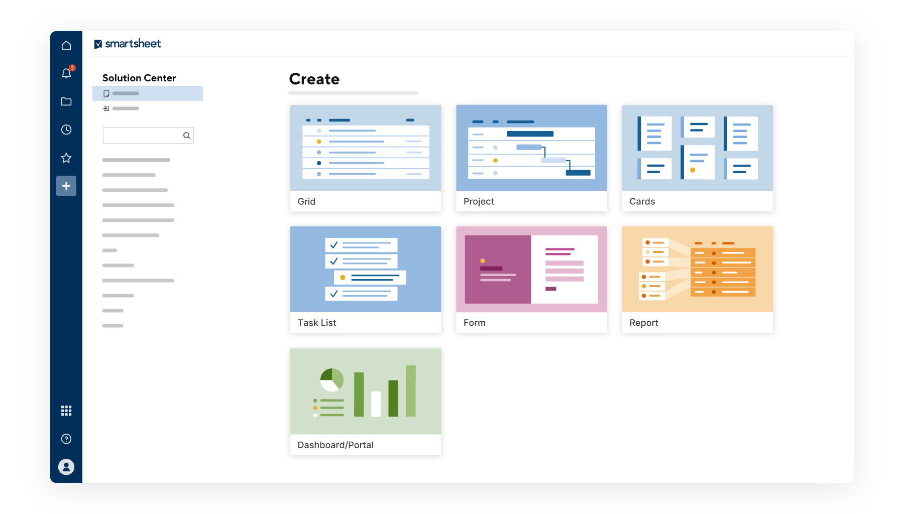 Smartsheet Solution Center showing grid, project, card, task list, form, report, and dashboard templates